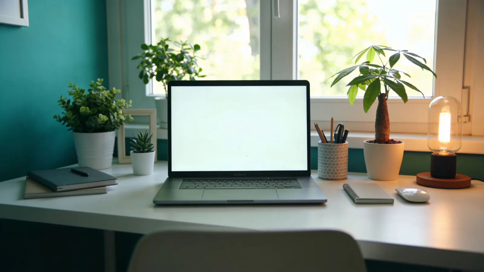 Bright tidy tutorial desk by sunlit window