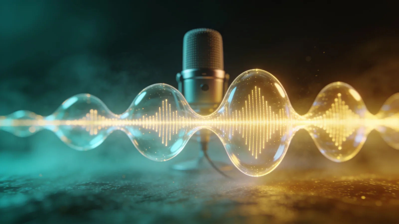Clear teal waveform with modern podcast microphone