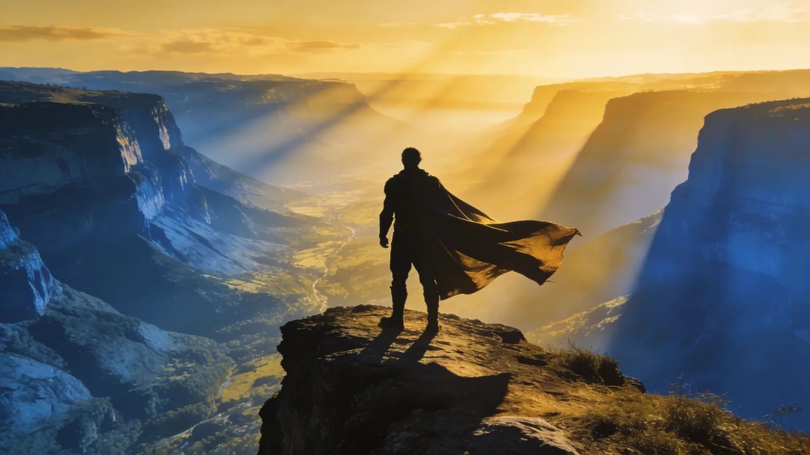 Lone figure on cliff overlooking valley at dawn