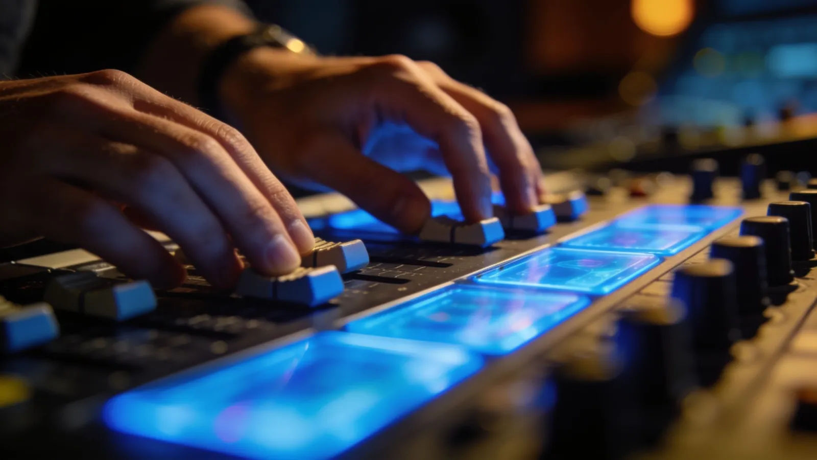 Hands at cinematic console with glowing blue panels