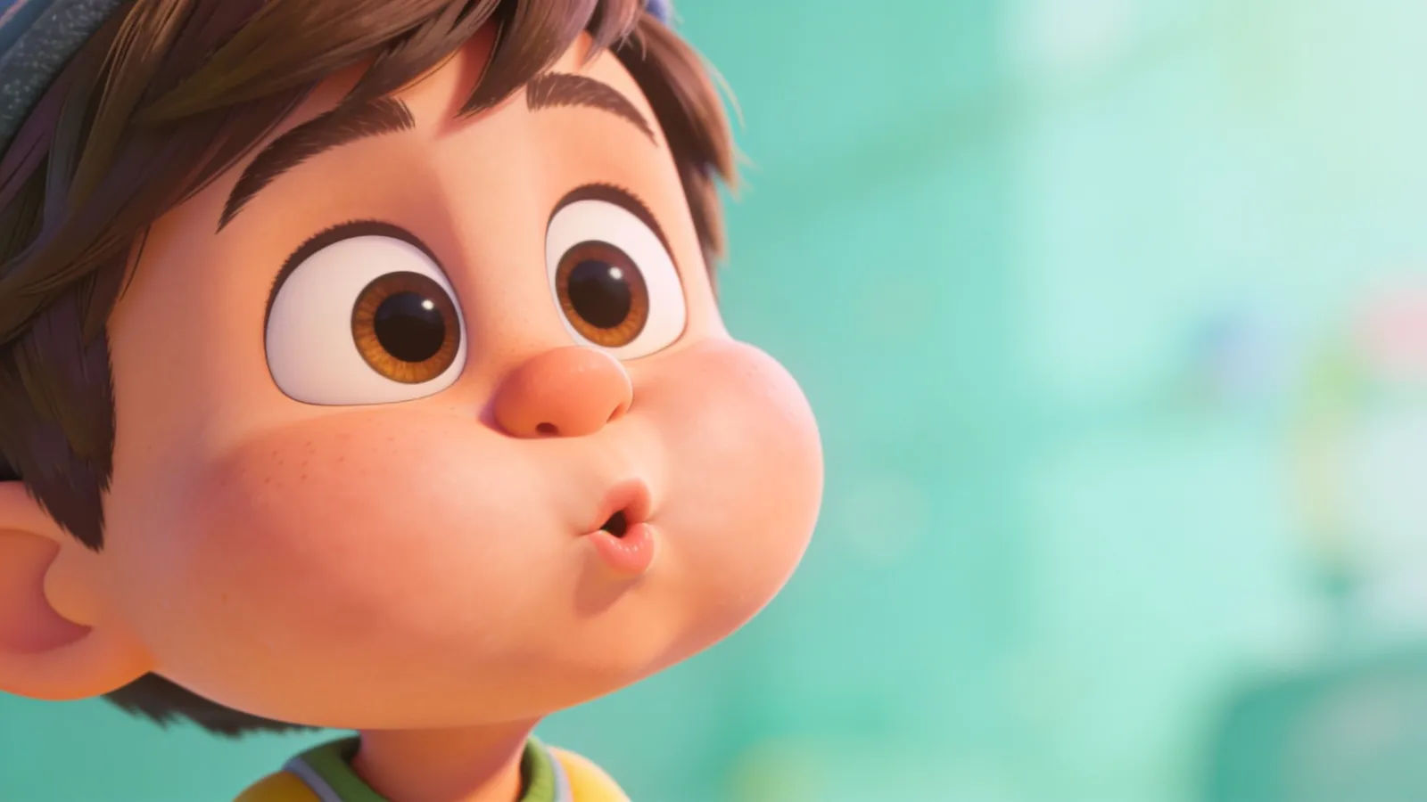 Goofy character mid-hiccup with puffed cheeks