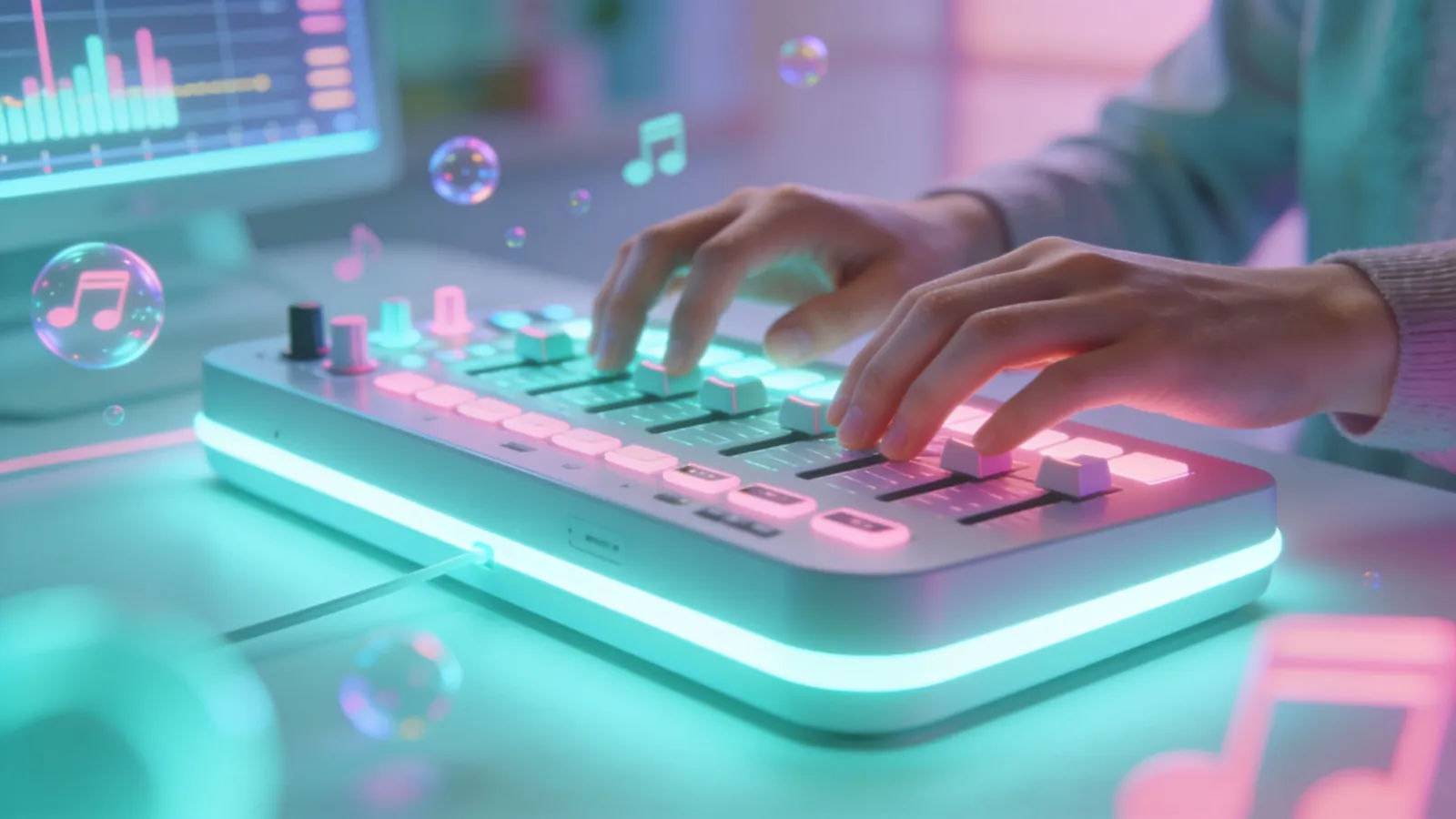 Hands at console with bouncing mint and pink audio UI