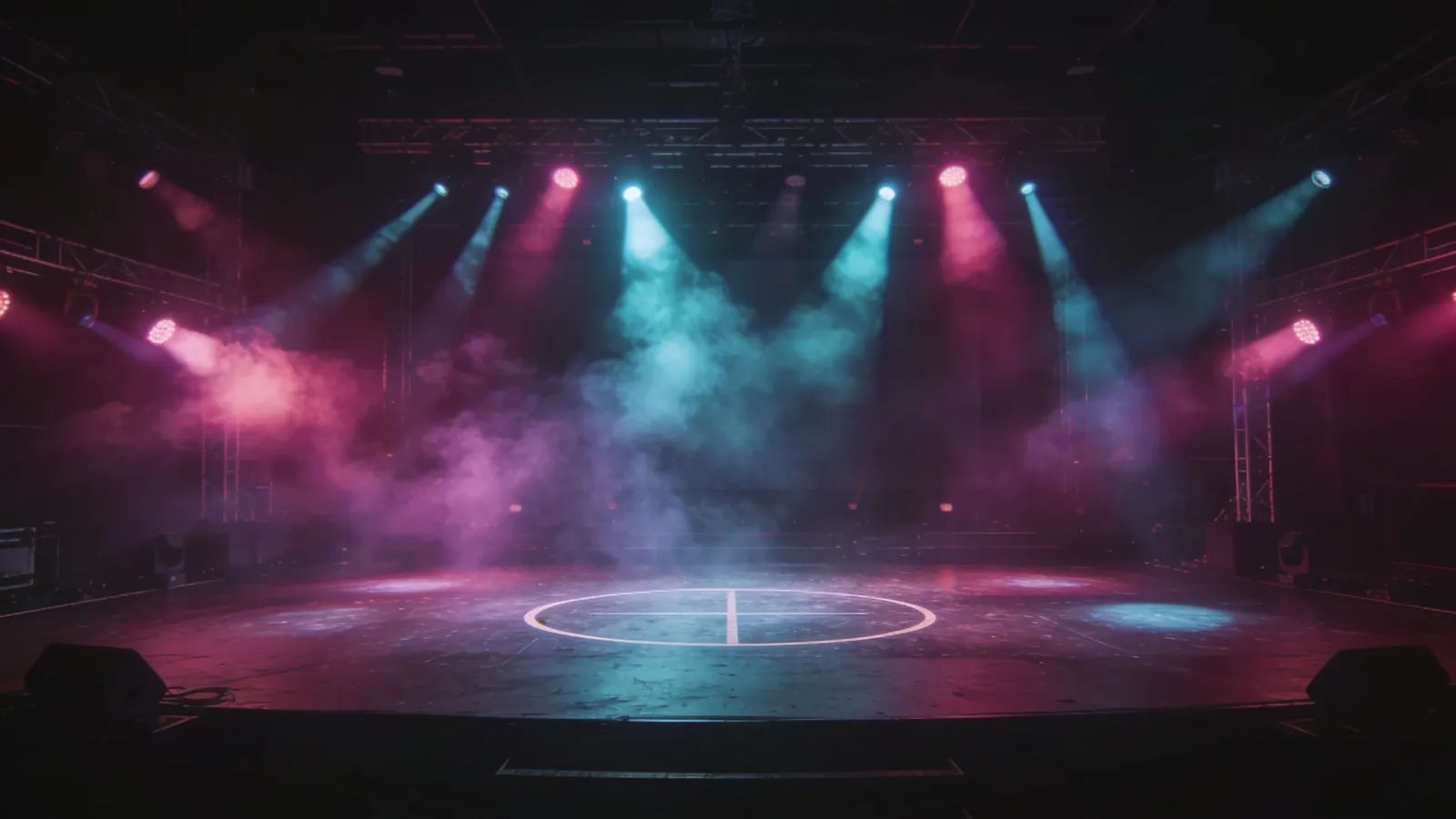 Dark promo stage pulsing with magenta and cyan lights