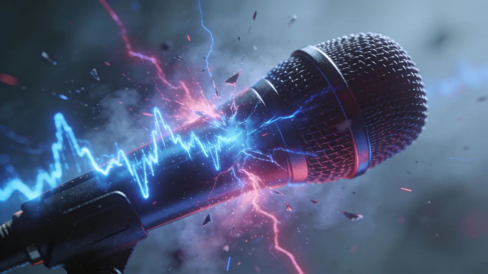 Microphone with explosive electric-blue magenta waveform