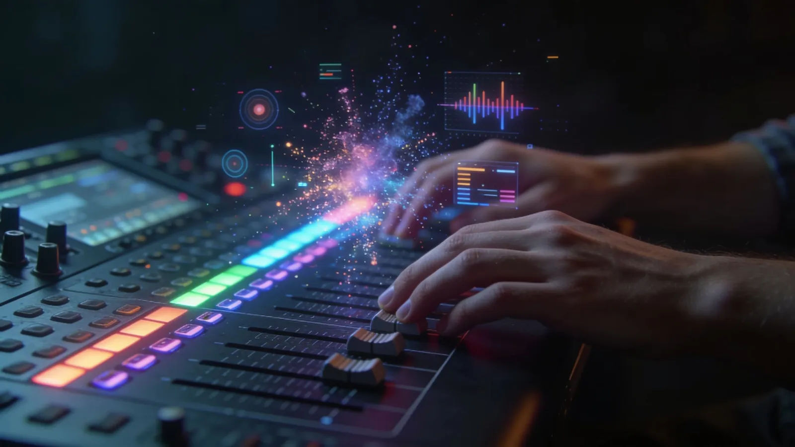 Hands on RGB console with floating neon audio bursts