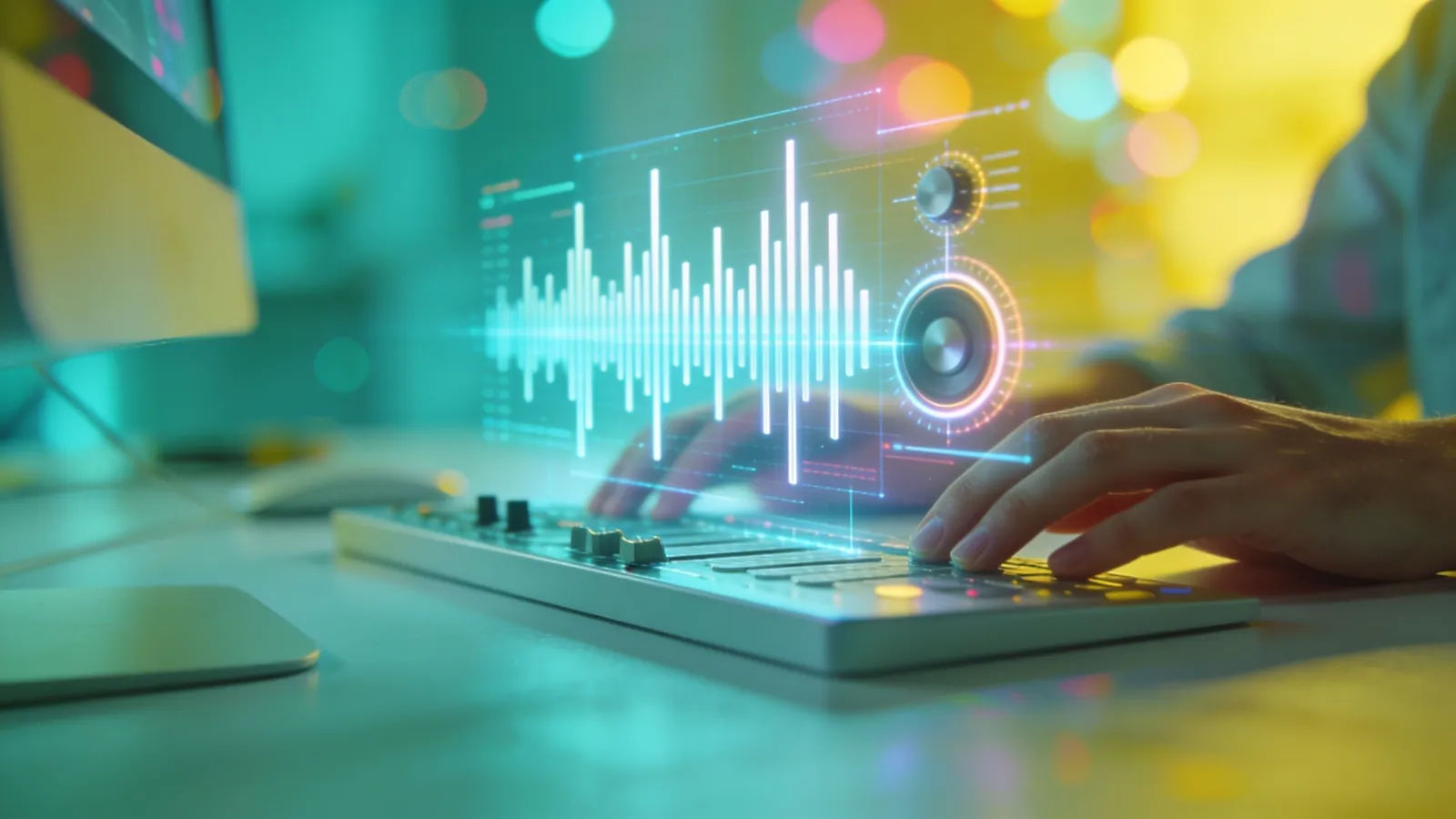 Hands at a bright console with tall audio bars