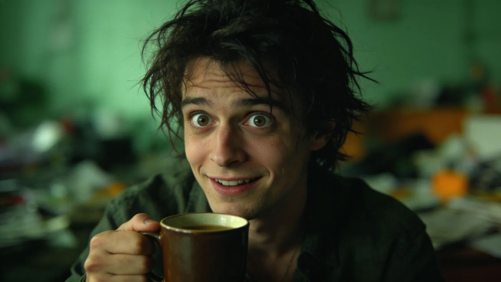 Frazzled anxious person with wide eyes gripping coffee mug