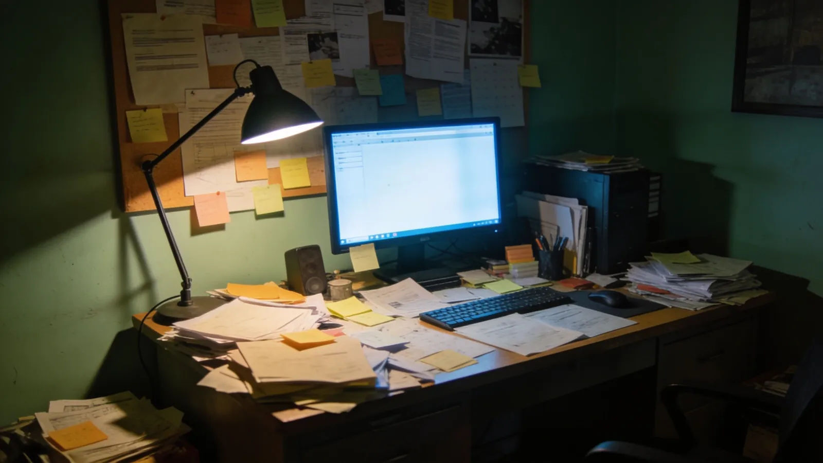 Chaotic cluttered late-night home office with harsh lamp