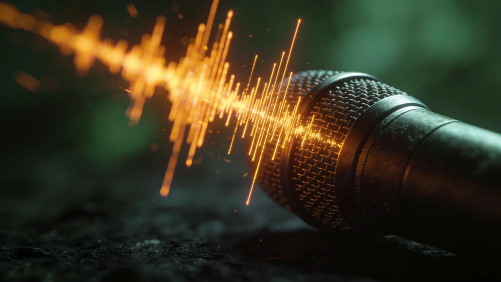 Jittery amber waveform spiking over a dark microphone, macro