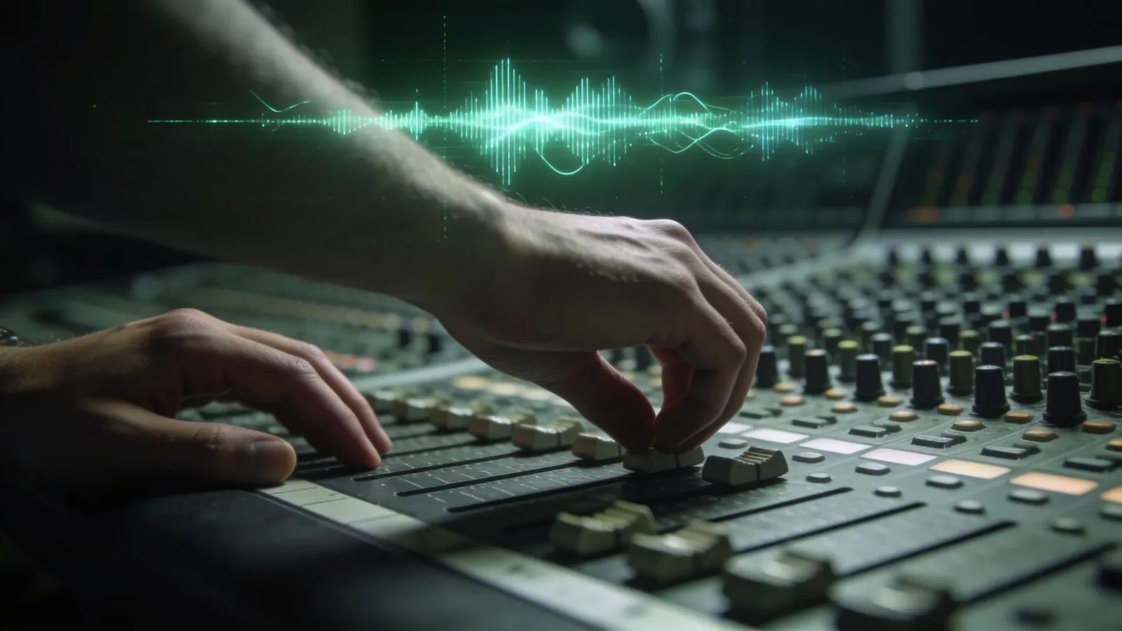 Tense hands hovering over audio console with restless waveform