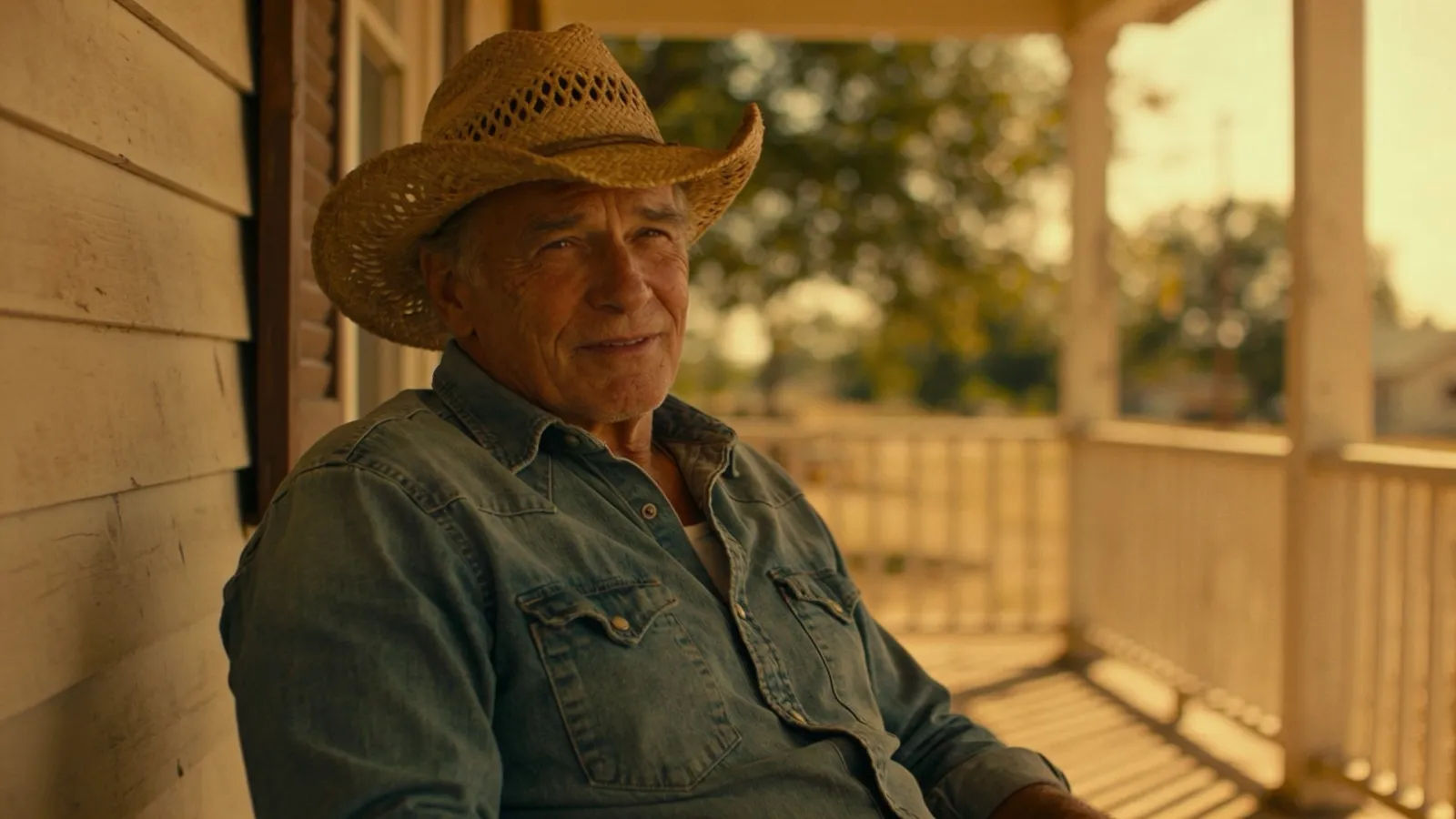 Rural man in denim and straw hat on a porch