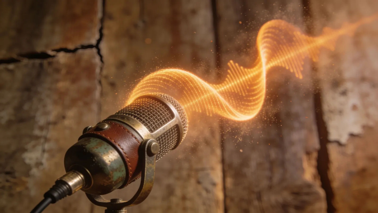 Amber waveform over a microphone on weathered wood
