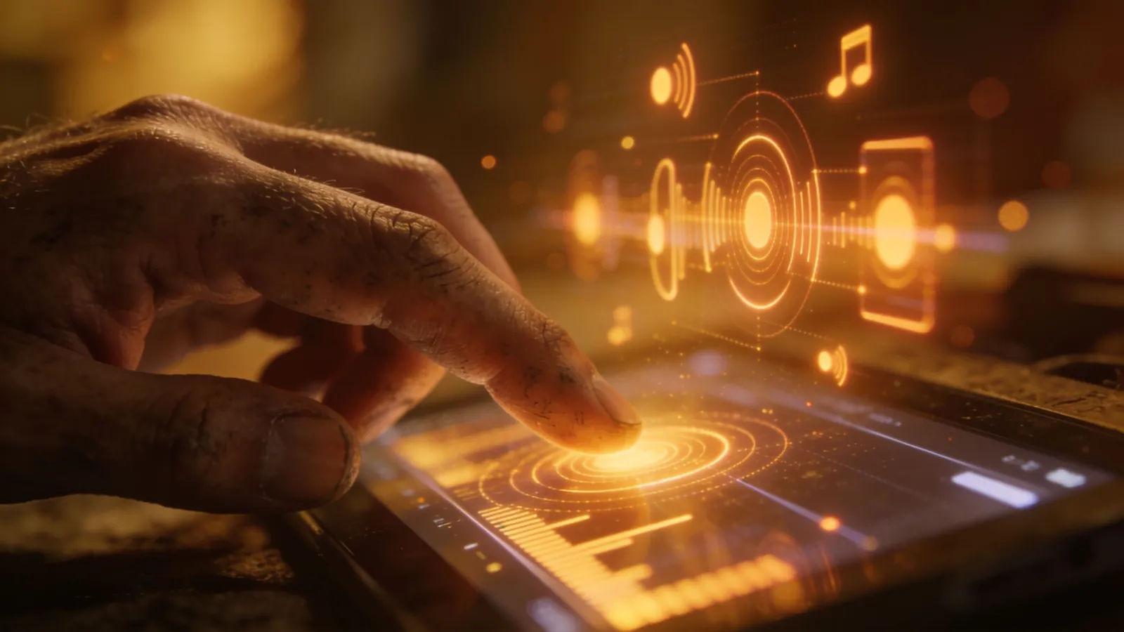 Working hands at a screen with warm audio UI