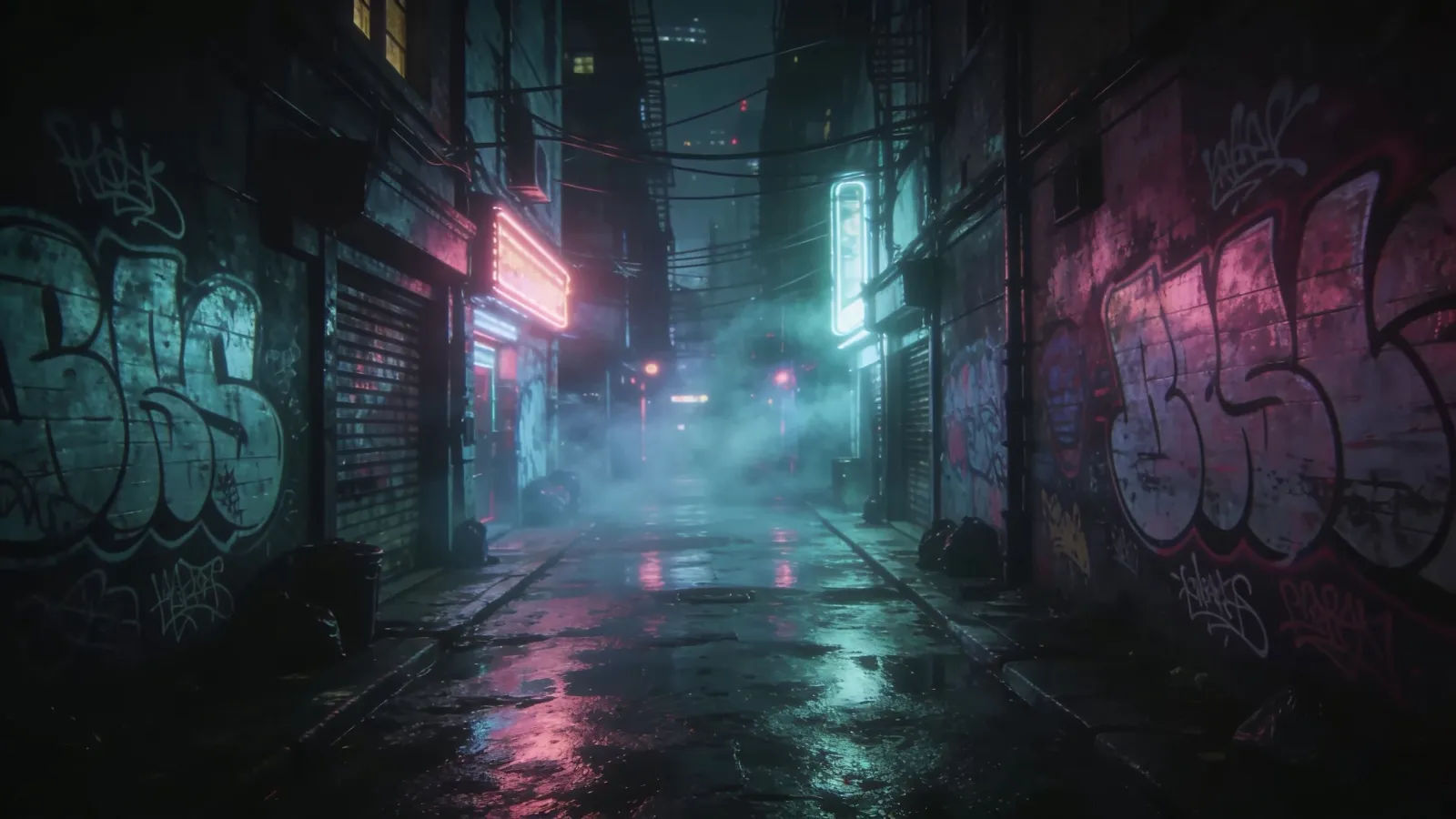 Neon-lit city alley at night with wet reflective pavement