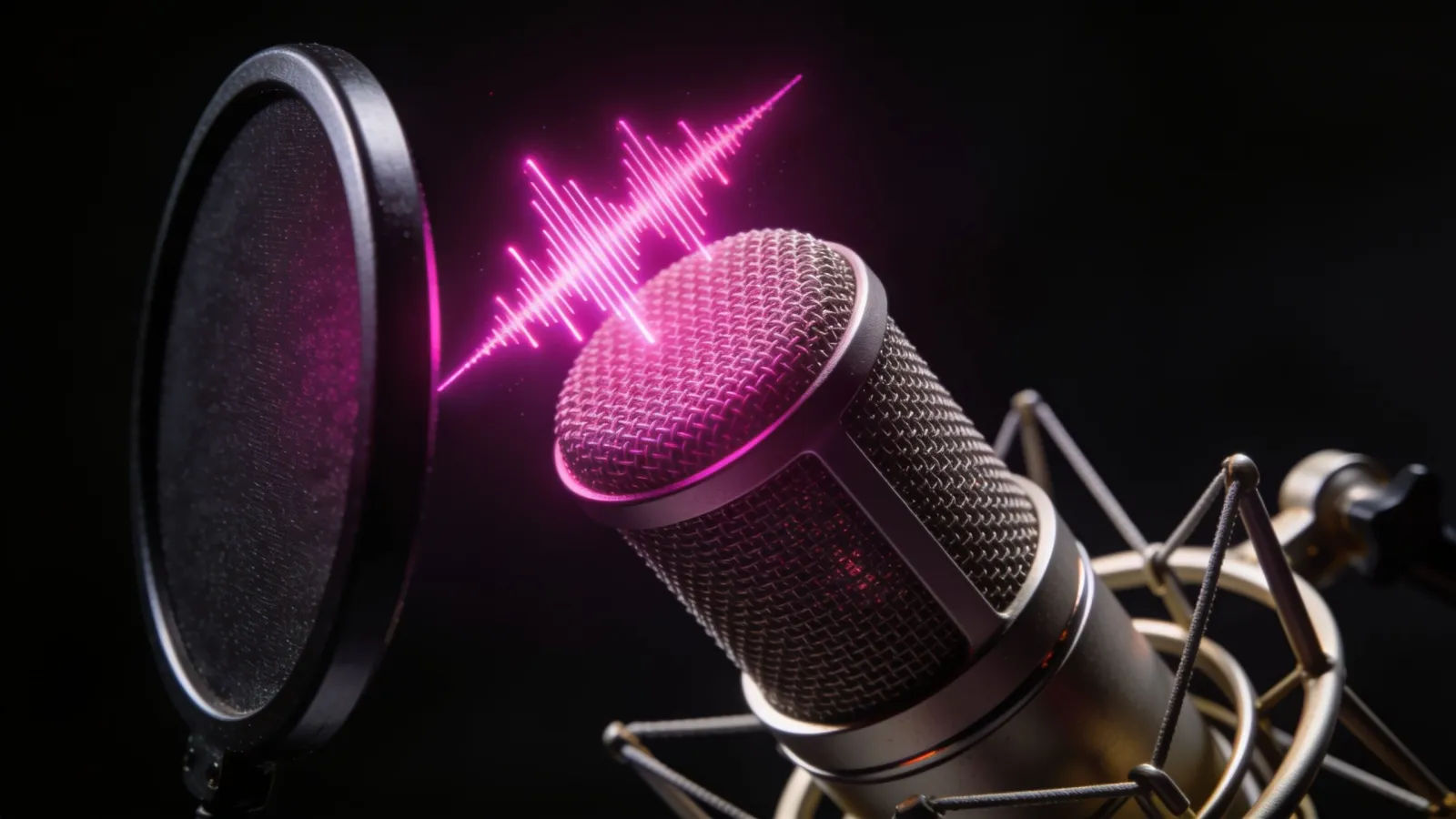Studio condenser microphone with glowing magenta waveform