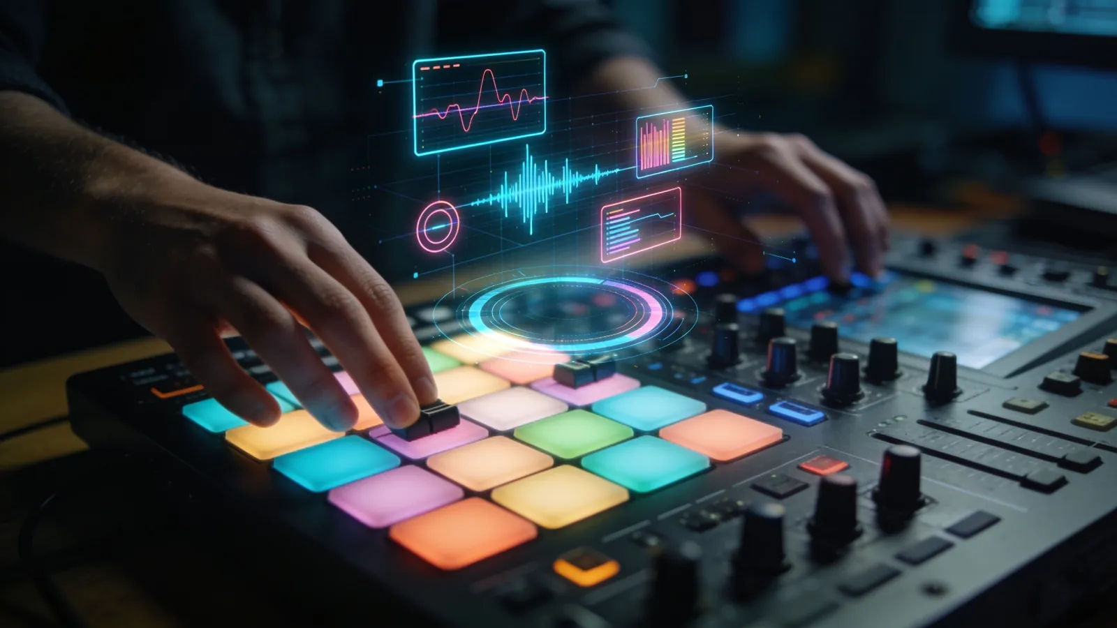 Hands on a beat-pad console with glowing neon audio UI