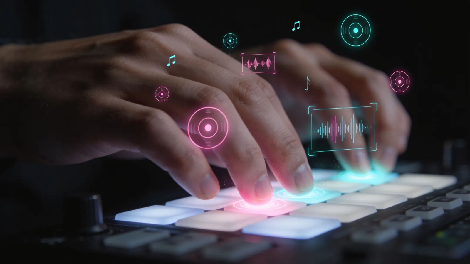 Hands at a console with neon pink-teal UI