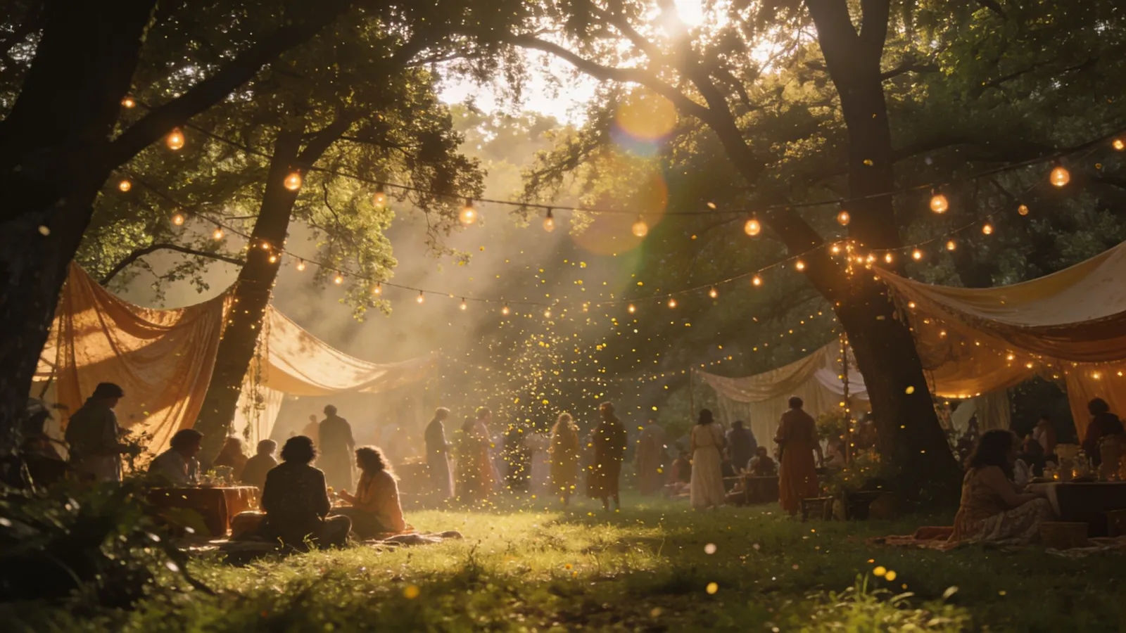 Sun-dappled bohemian meadow gathering at golden hour