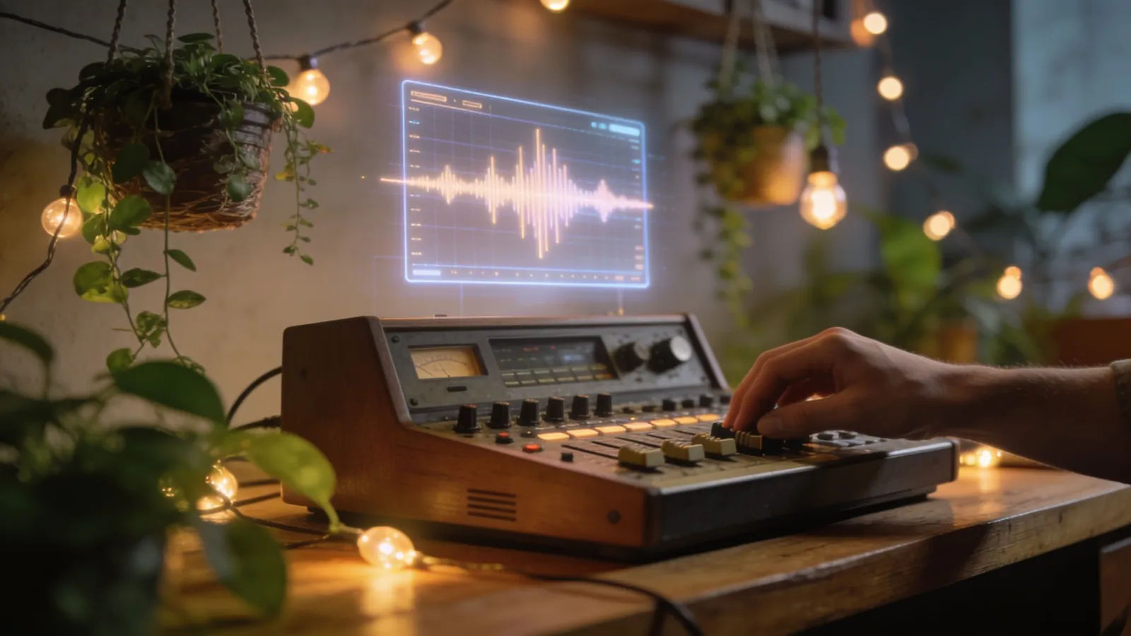 Hands mixing a warm vintage-modern audio console