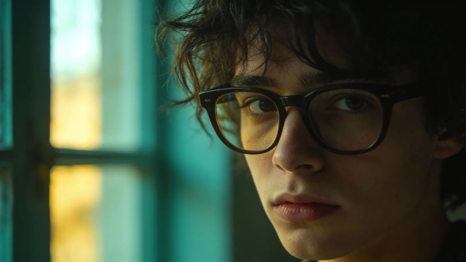Young creative in glasses, deadpan ironic look