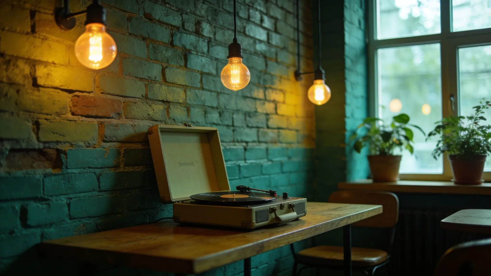 Exposed-brick cafe with bulbs and record player