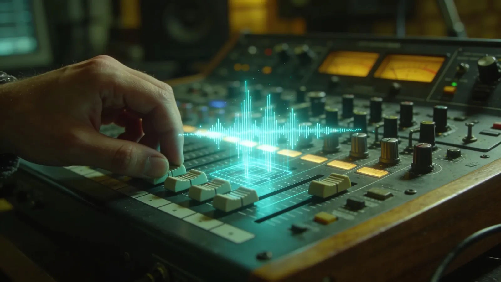 Hands on vintage console, teal mustard UI