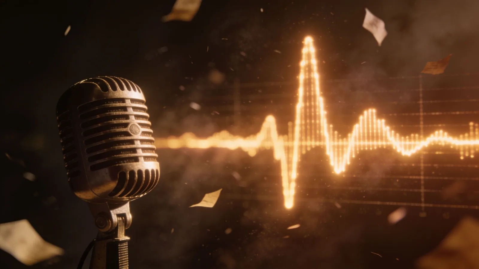 Vintage microphone with measured glowing waveform