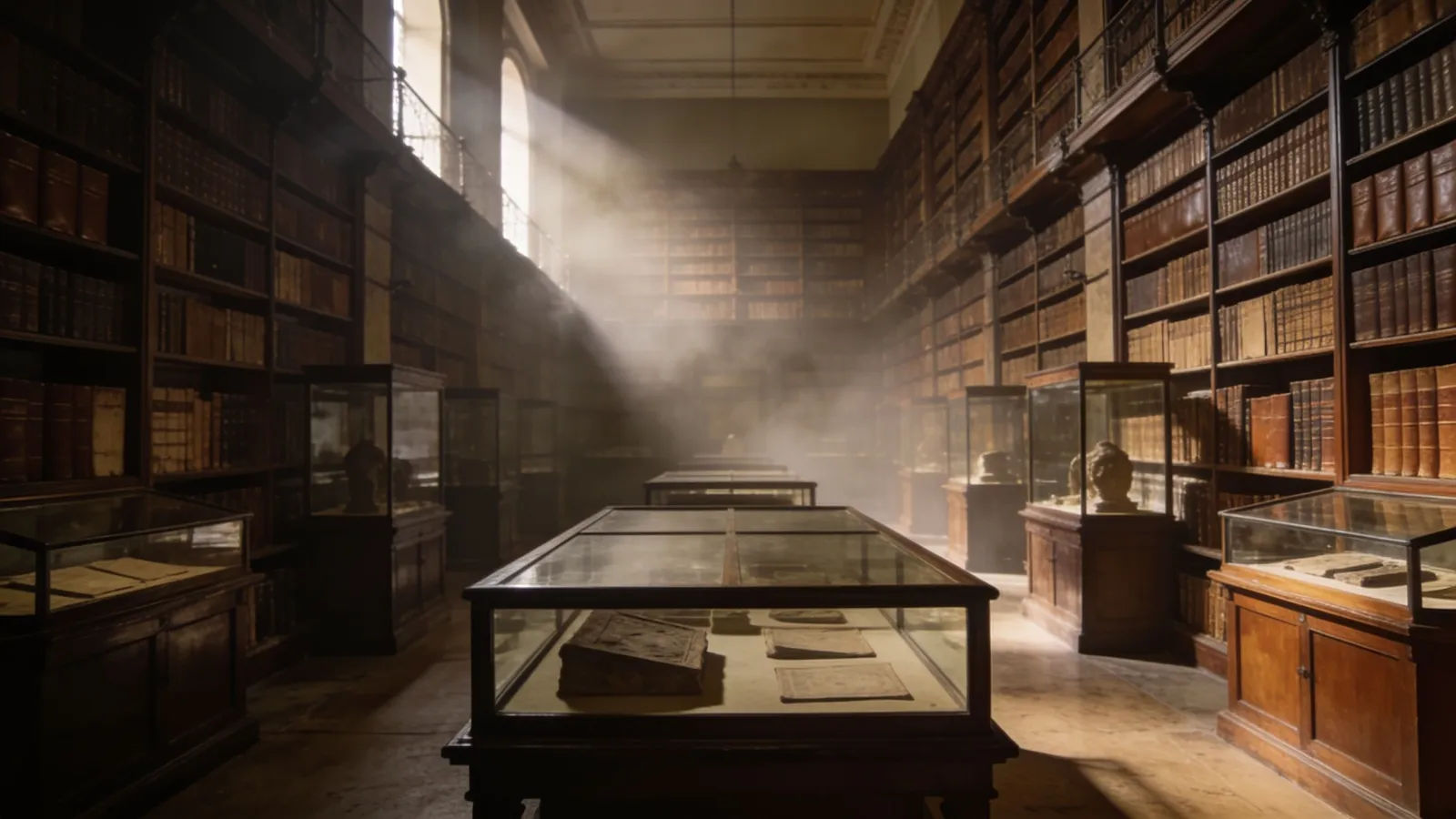 Hushed archival gallery of aged volumes and artifacts