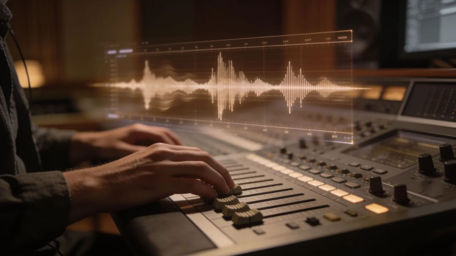 Hands at a console with sepia waveform interface