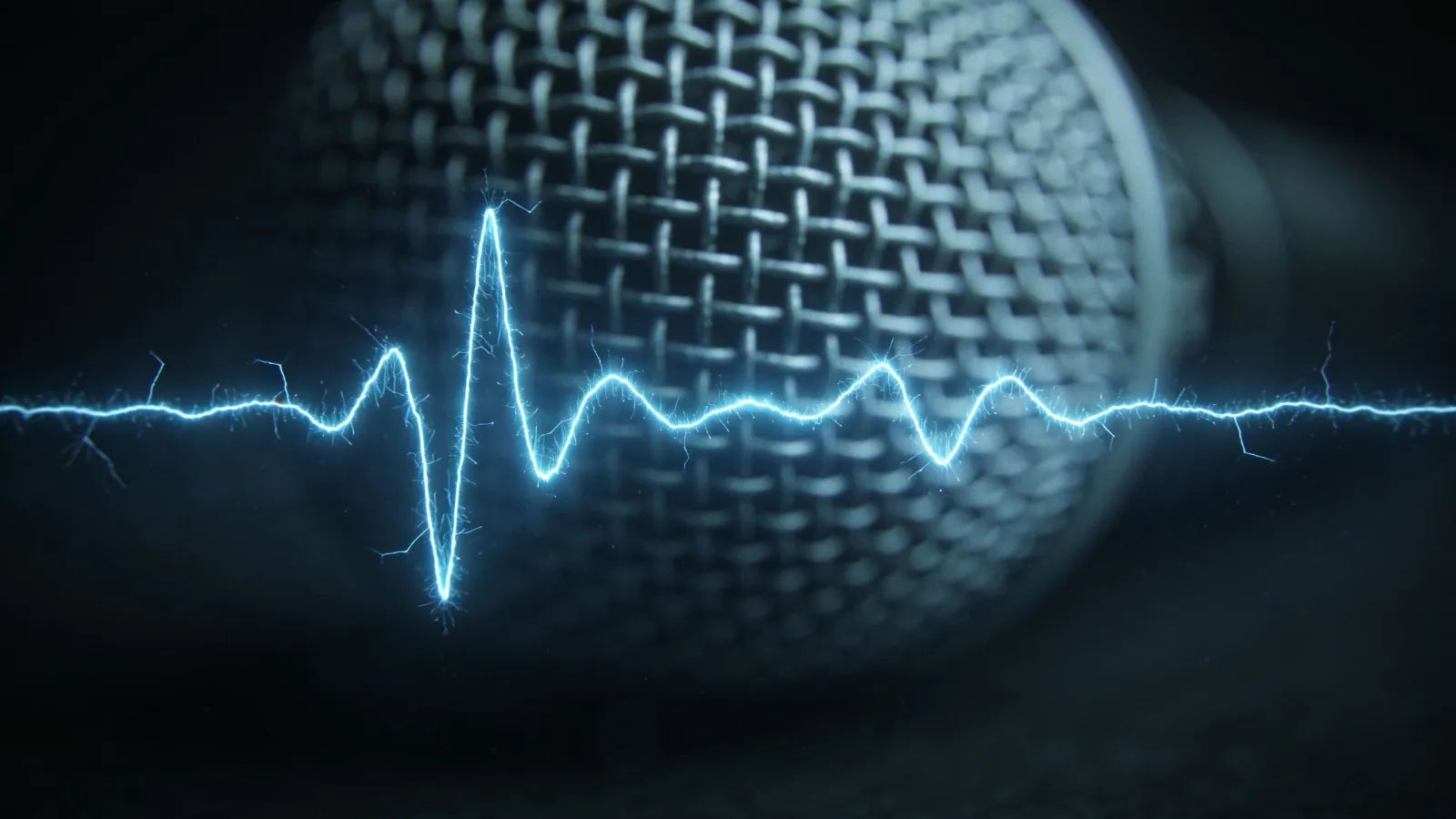 Thin frayed flickering pale-blue waveform and microphone