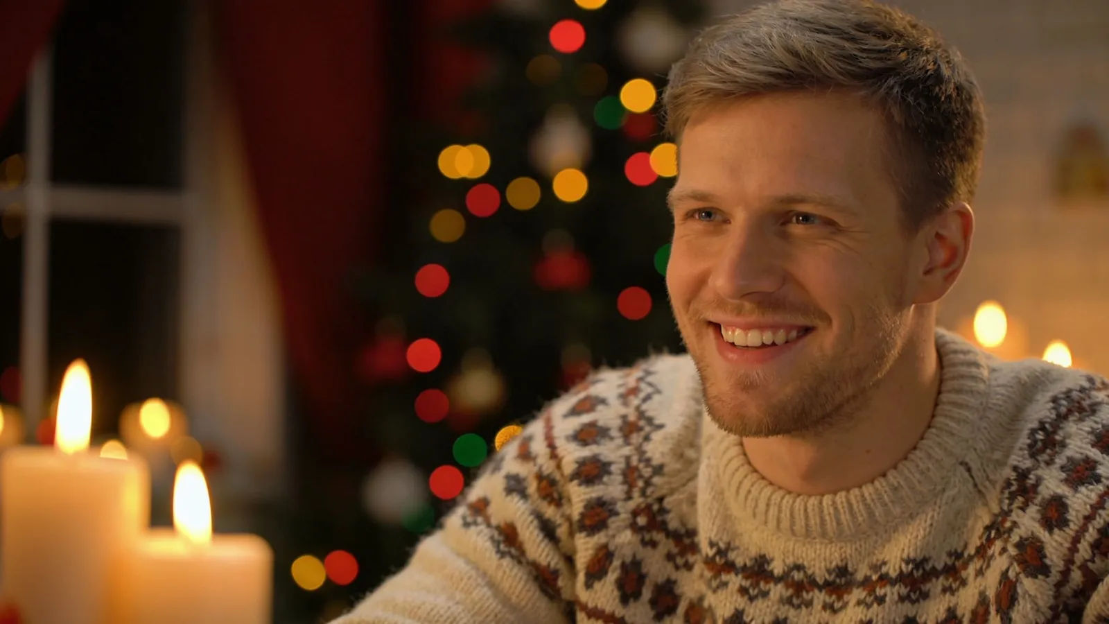 Cheerful person in knit sweater by warm candlelight