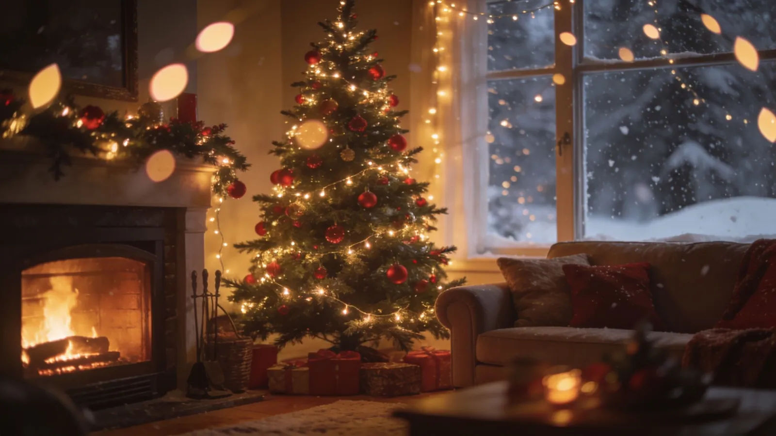 Cozy living room with glowing tree and string lights