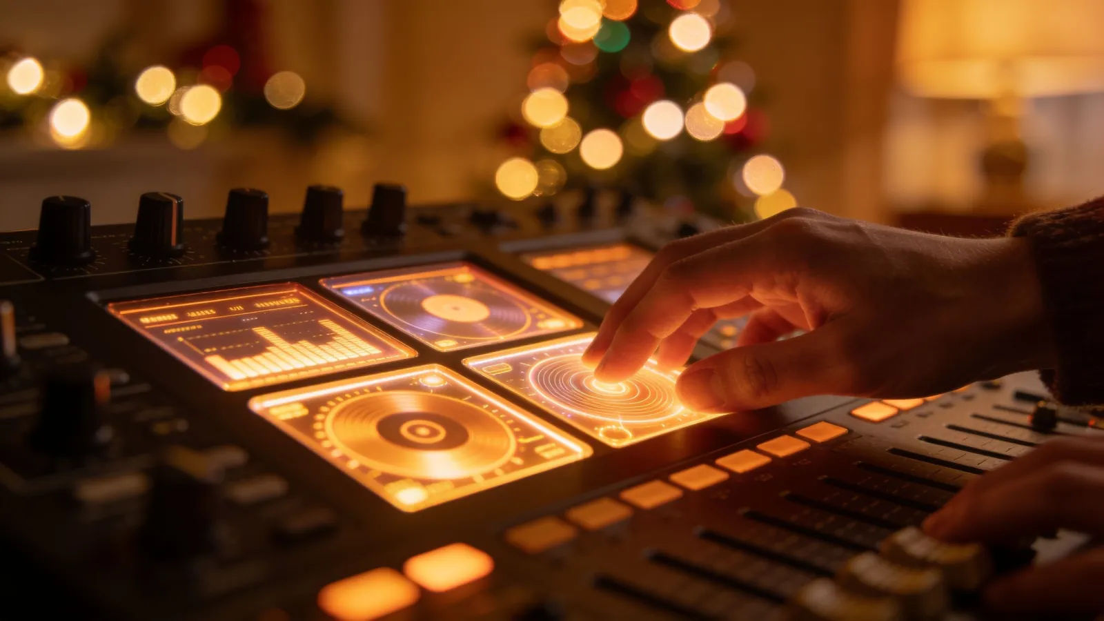 Hands at warm-lit console amid festive bokeh
