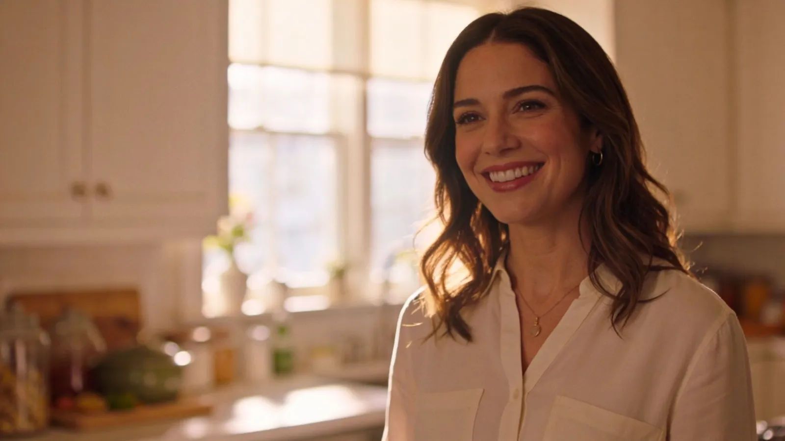Warm welcoming woman host in sunlit kitchen