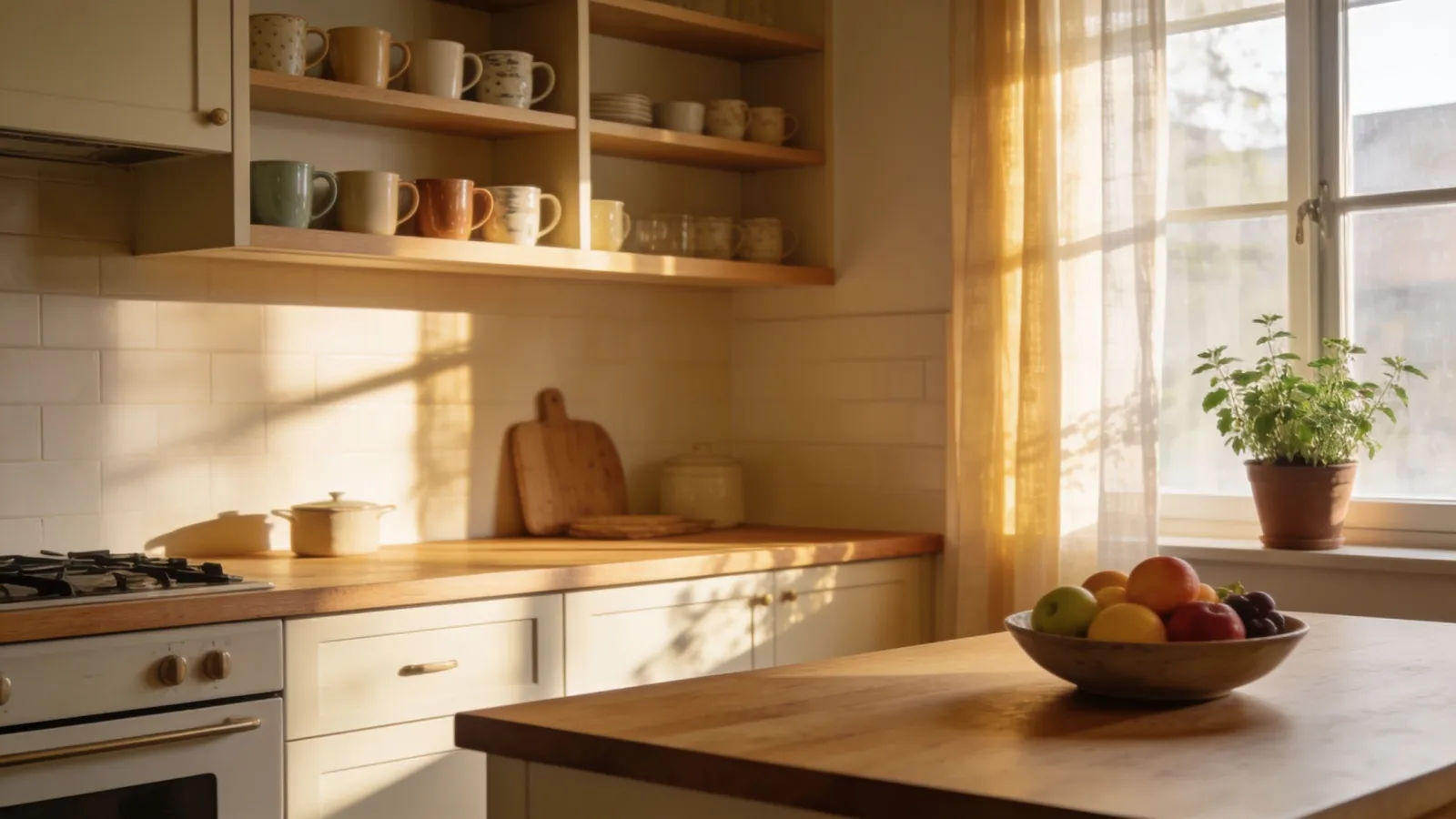 Bright tidy home kitchen in warm morning light