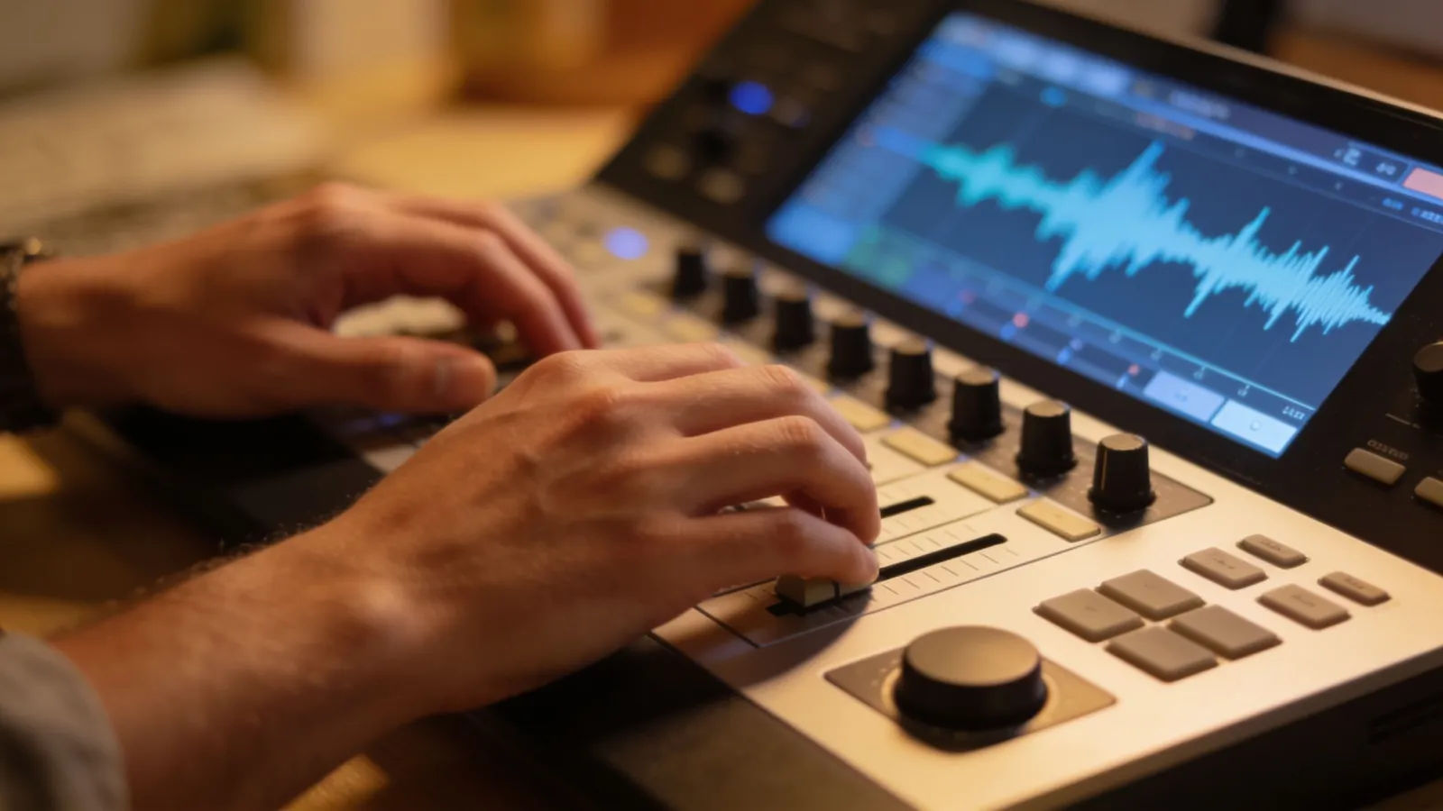 Hands at warm-lit console with cream audio interface