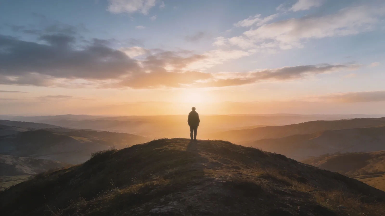 Lone figure on a hill facing a glowing sunrise