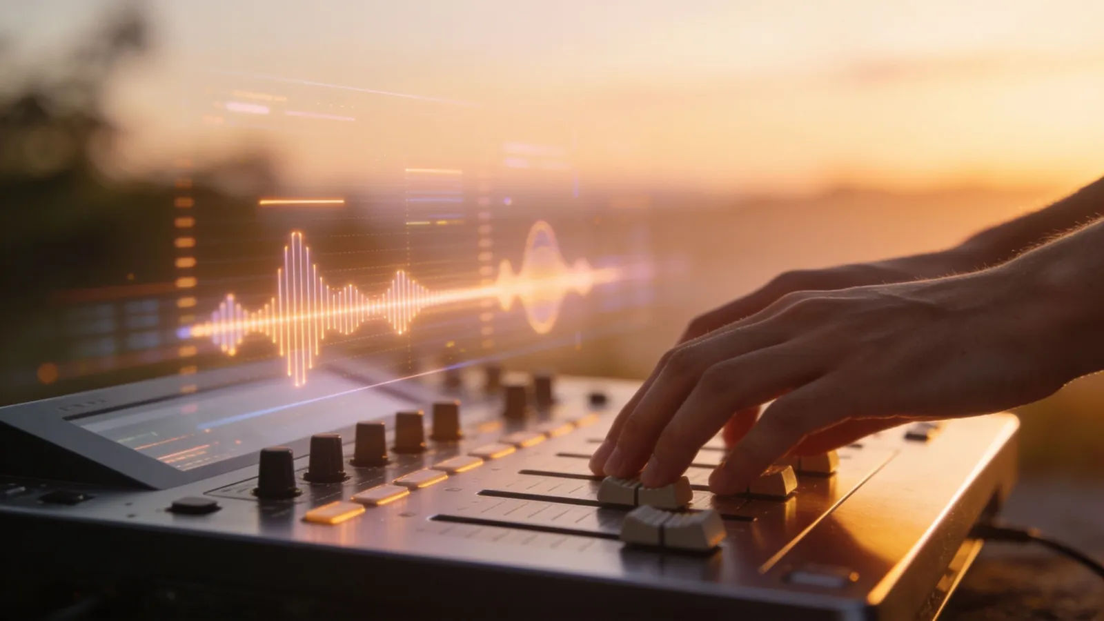 Hands at a console with rising audio UI shapes