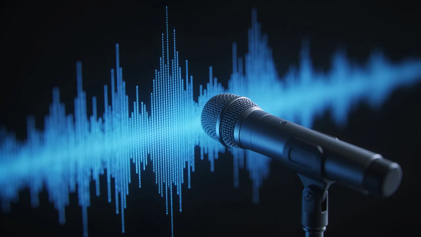 Steady cool-blue waveform beside a slim microphone
