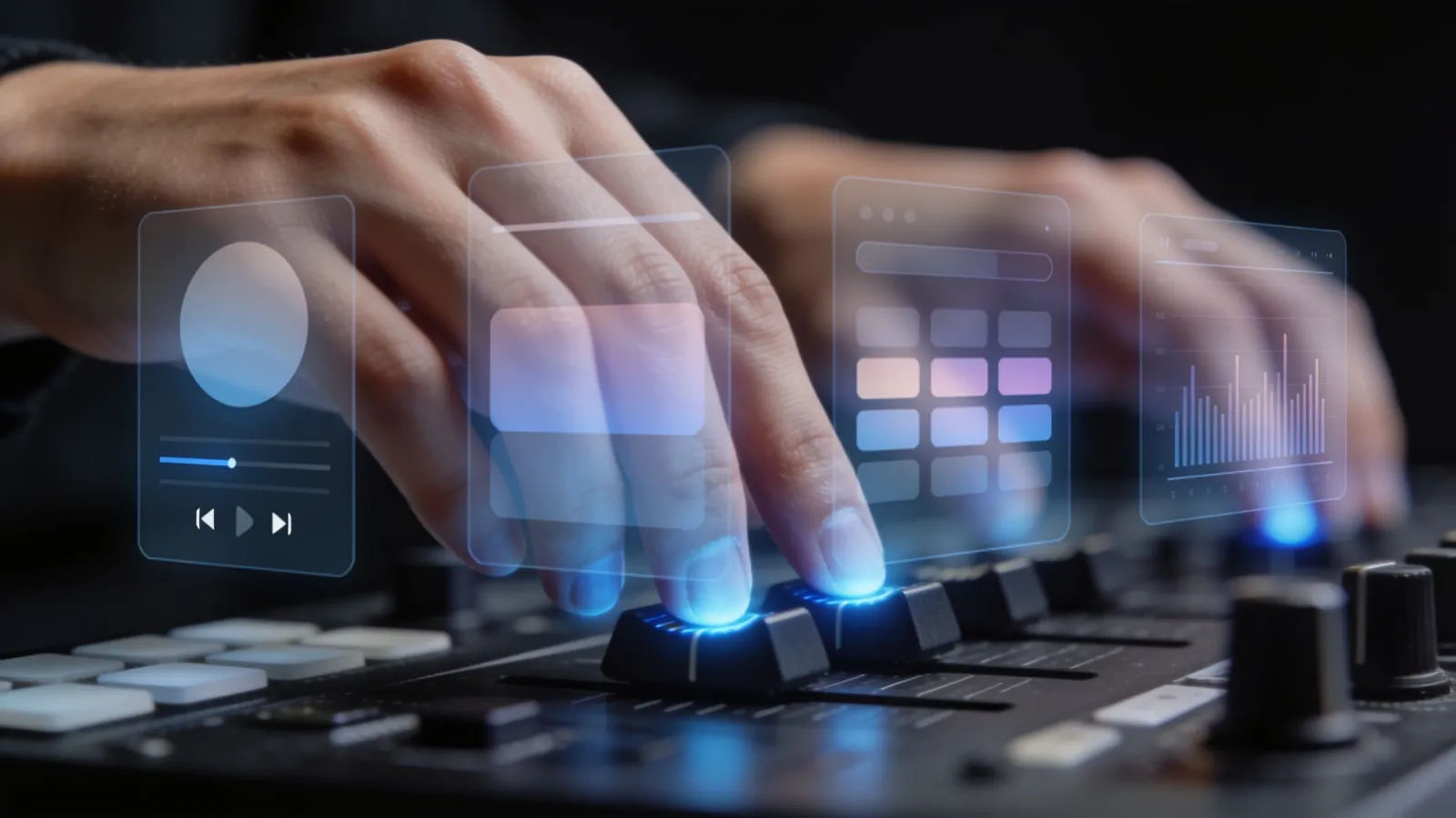 Hands at a console with cool blue audio UI