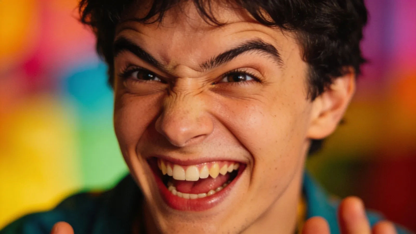 Expressive person mid-laugh with goofy grin