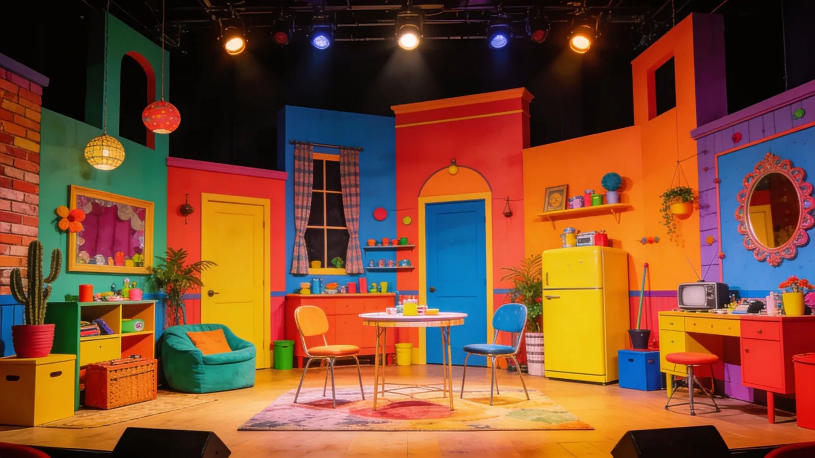 Colorful comedy stage with bright mismatched props