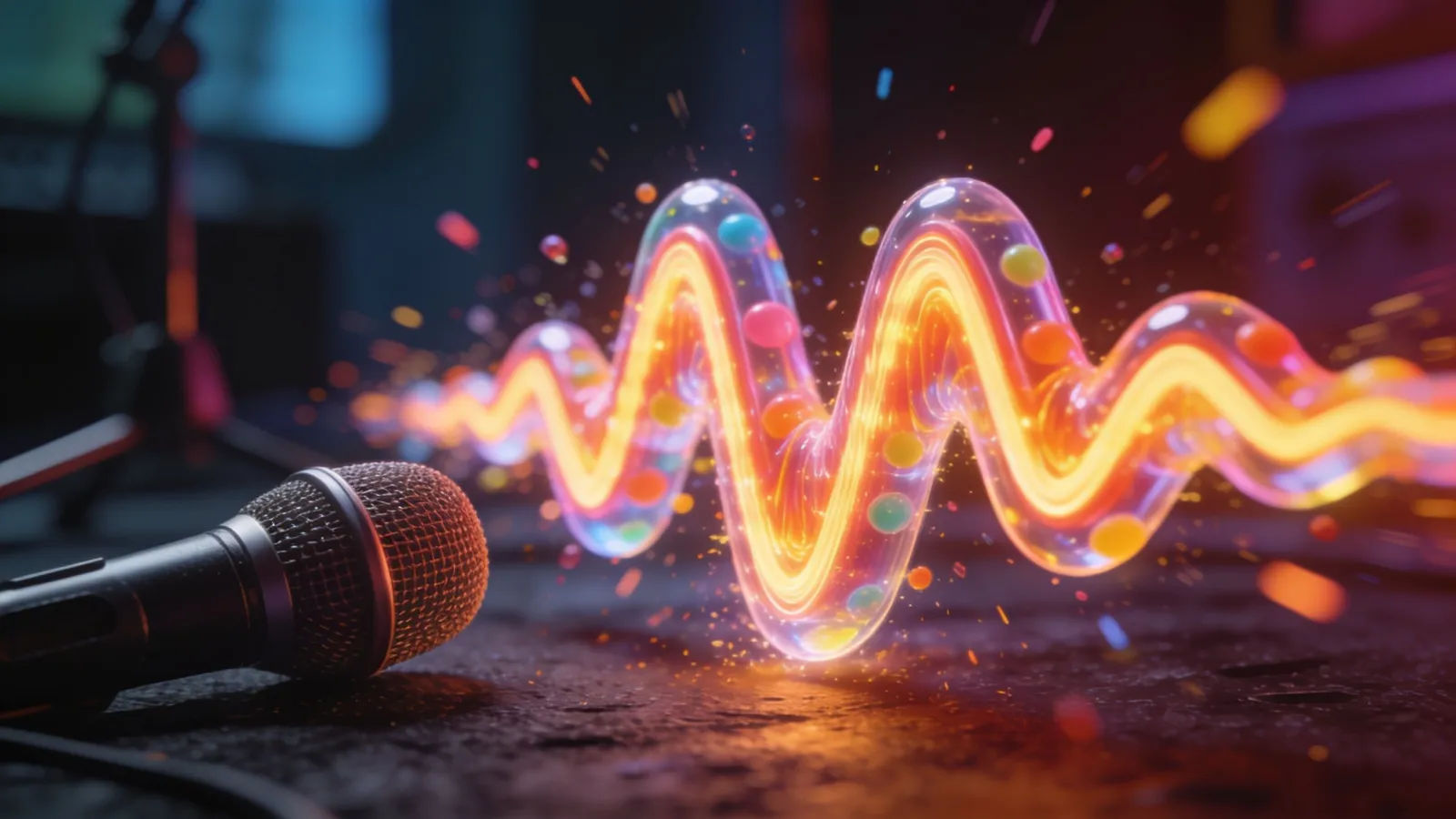 Bright bouncy waveform zigzagging beside a microphone