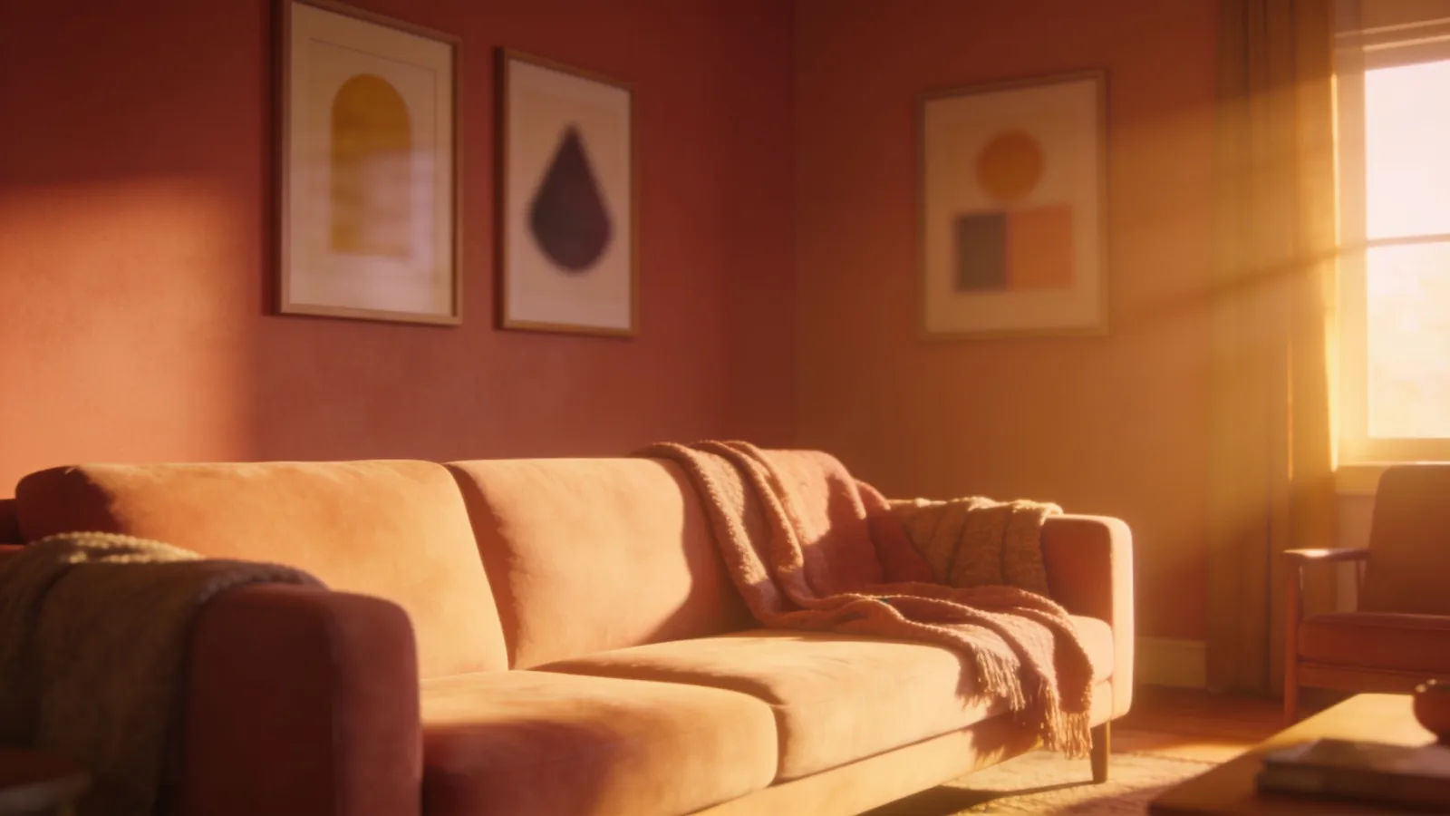 Cozy family living room at golden hour