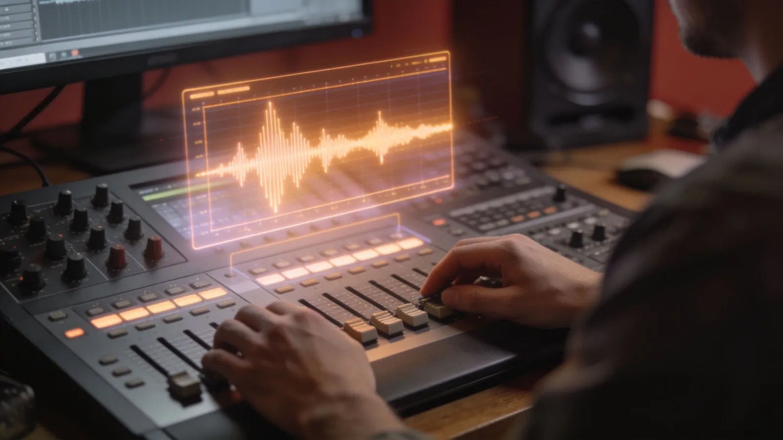 Hands at a console with warm waveform interface