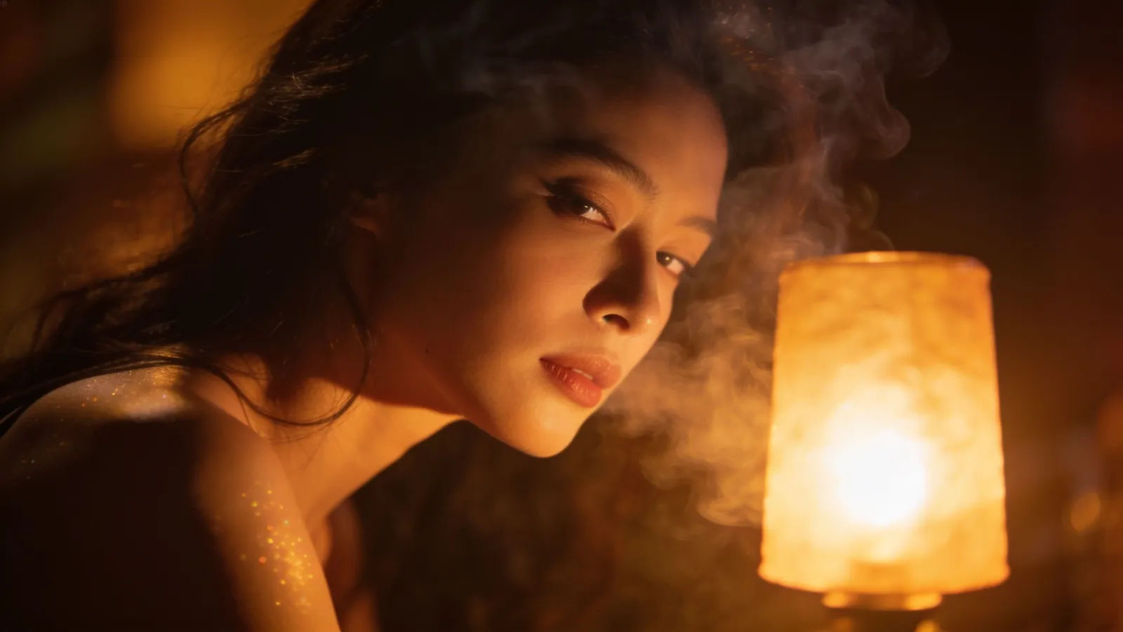 Smoky late-night host leaning toward warm glow