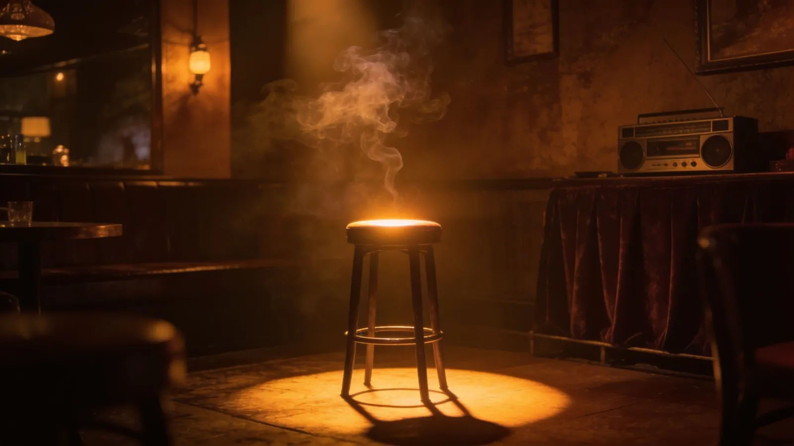 Intimate amber lounge with smoke and empty stool