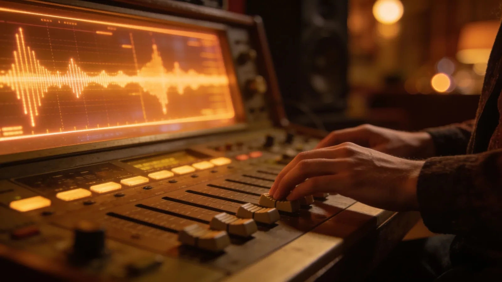 Hands easing fader on warm vintage console