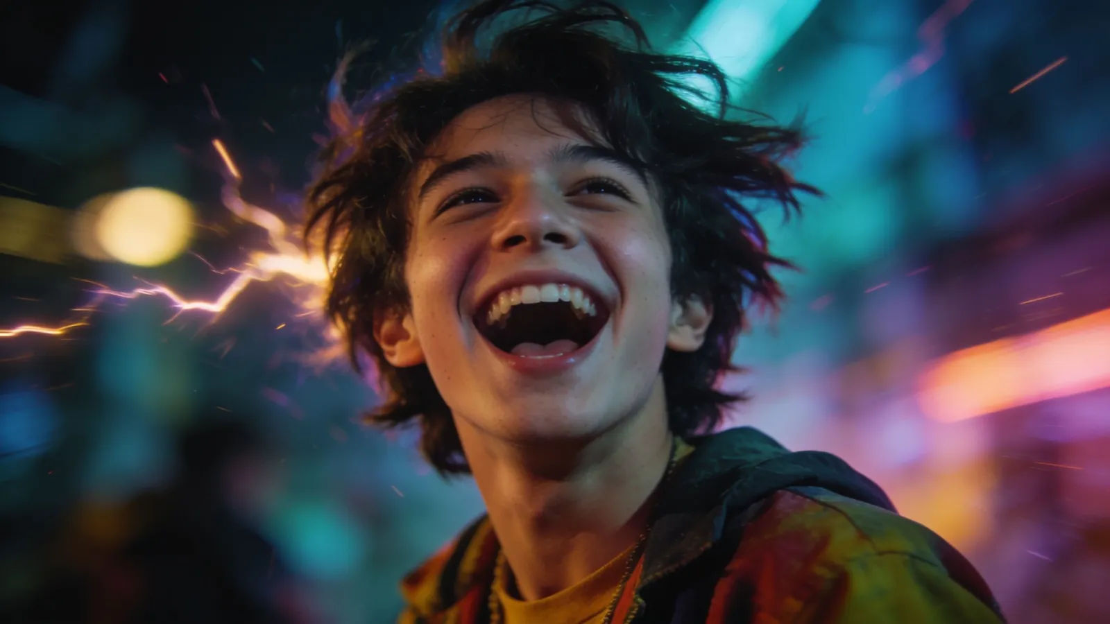 Energetic young person mid-laugh in vivid light