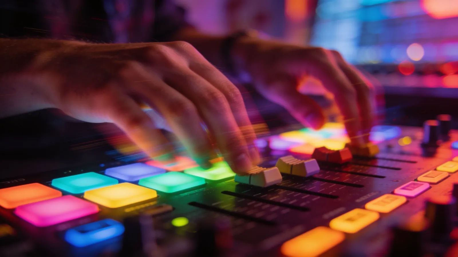 Hands flying across colorful lit audio console